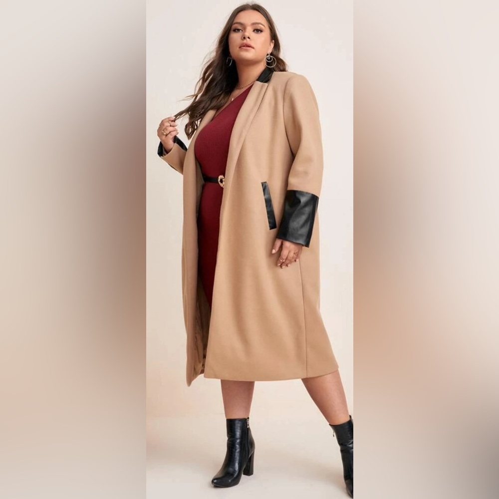 Camel Coat with Faux Leather Trim